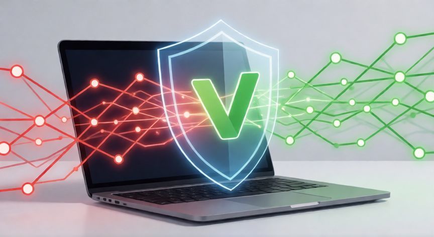Ilustración técnica de cambio seguro de configuración de VPN en un portátil