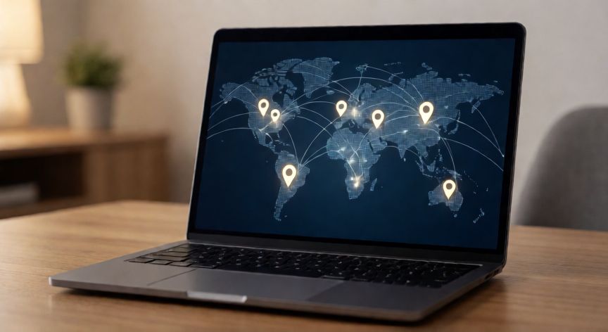 Portátil mostrando mapa mundial de servidores VPN con conexiones digitales activas