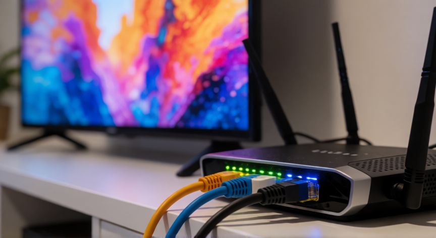 Router de internet configurado para VPN con televisor en segundo plano