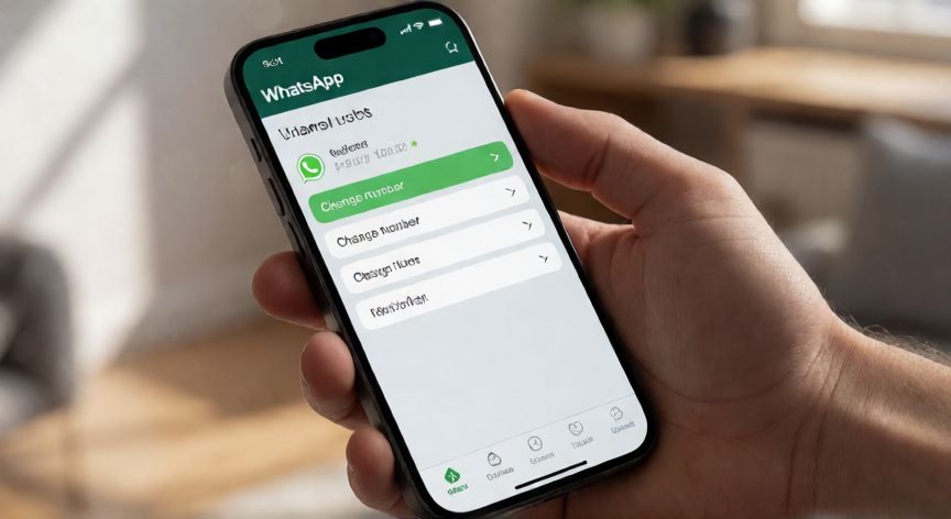 Pantalla de ajustes de WhatsApp mostrando la opción de cambiar número en un móvil