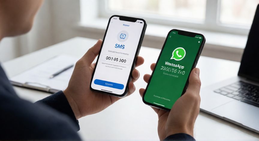como cambiar el whatsapp a otro numero, Persona verificando el cambio de número en dos teléfonos móviles diferentes