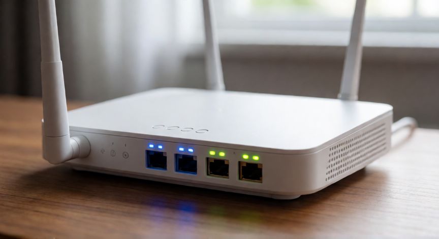 Router inalámbrico moderno con luces LED encendidas sobre un escritorio de madera