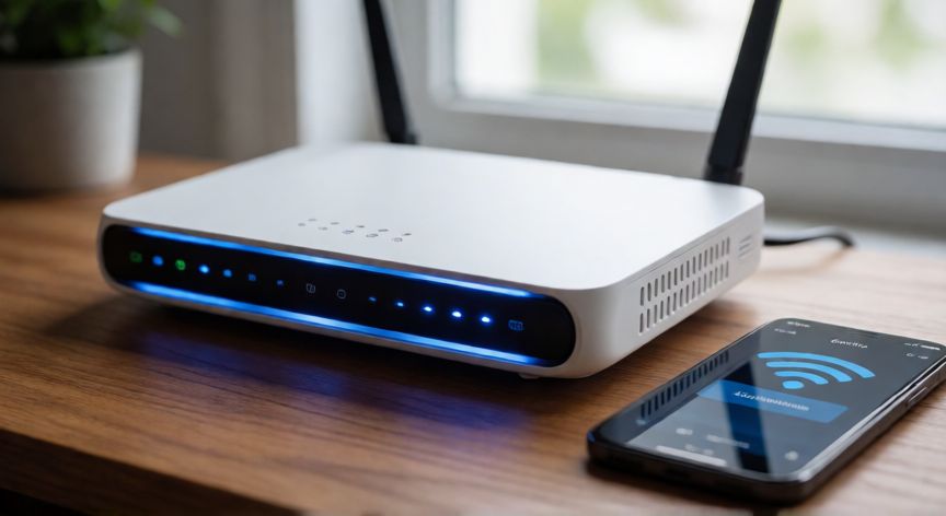 Router WiFi dual-band moderno con luz azul y teléfono móvil conectándose a la red 5 GHz