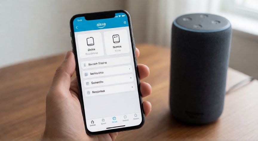 Mano usando la aplicación Alexa en un teléfono móvil para configurar el WiFi