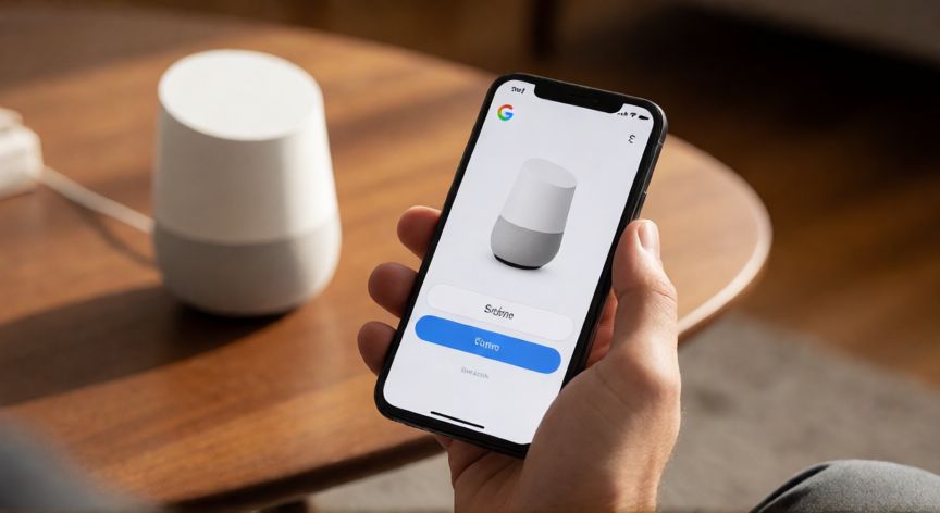 Persona configurando la red WiFi de un altavoz Google Home mediante una aplicación móvil