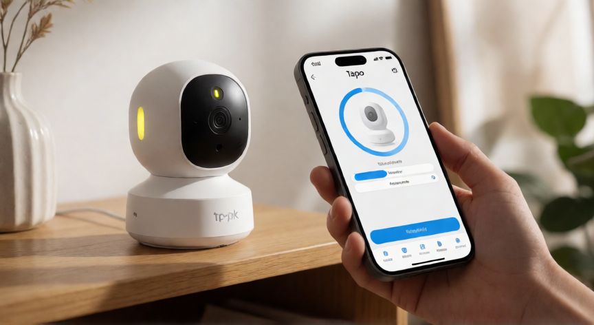 Cámara Tapo conectándose a la aplicación móvil en una sala de estar moderna