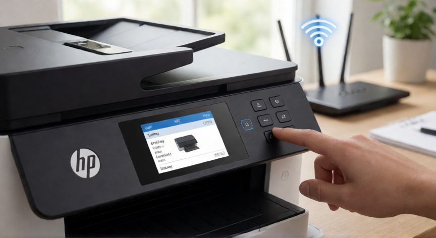 Pantalla de configuración Wi-Fi en una impresora HP sobre un escritorio