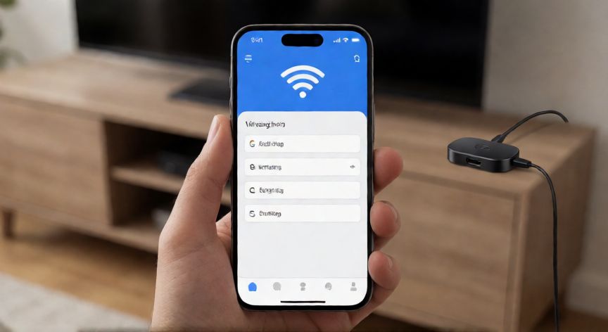 Móvil mostrando la app de configuración Wi-Fi cerca de un Chromecast conectado