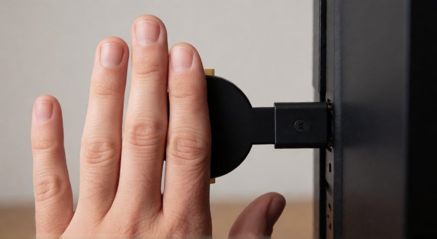 como cambiar el wifi del chromecast, Mano presionando el botón de reinicio del dispositivo Chromecast