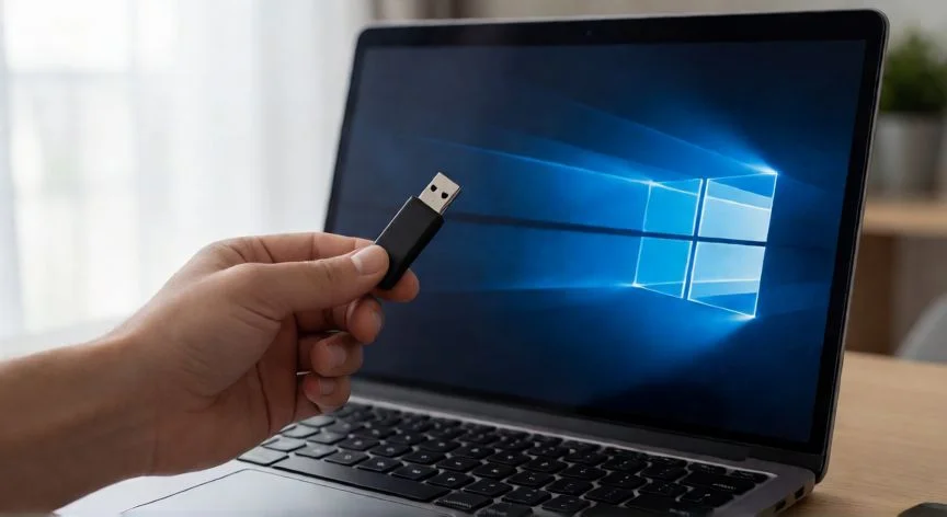 USB con instalador de Windows 10 listo para actualizar un portátil