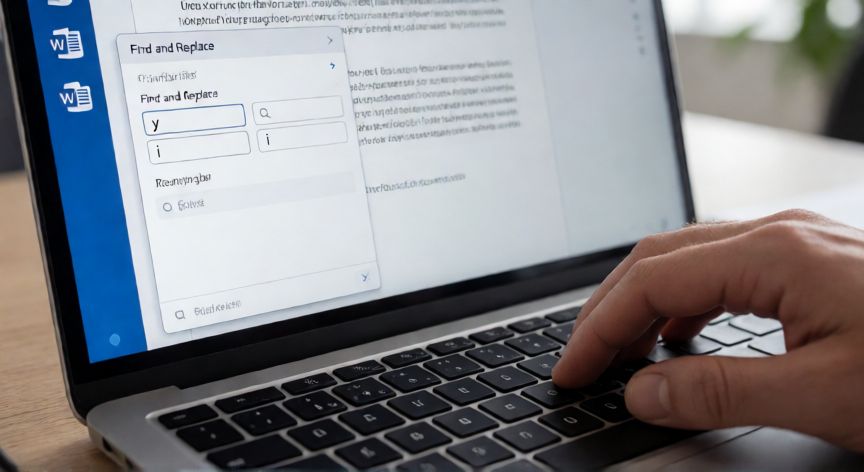 Manos usando la función Buscar y Reemplazar en Microsoft Word para cambiar letras