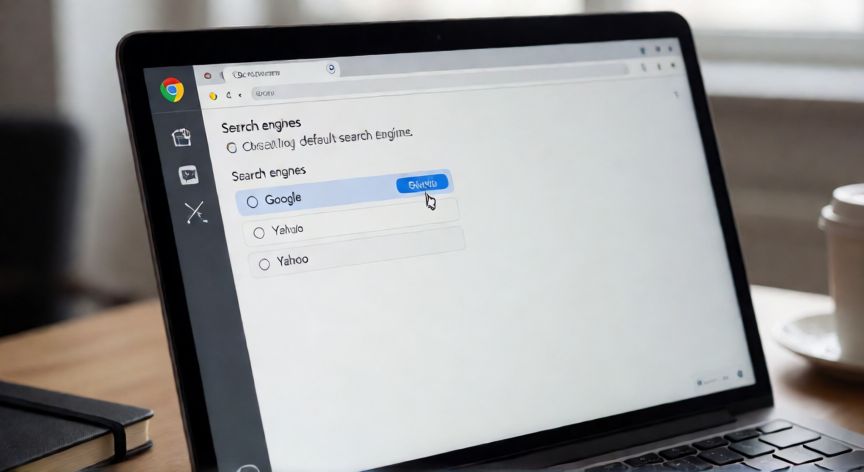Pantalla de ordenador mostrando cómo seleccionar Google como buscador predeterminado en Chrome
