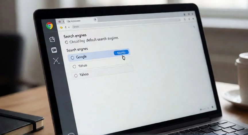 Pantalla de ordenador mostrando cómo seleccionar Google como buscador predeterminado en Chrome