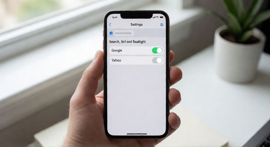 como cambiar el yahoo a google, Móvil iPhone mostrando la configuración de búsqueda con Google activado como predeterminado