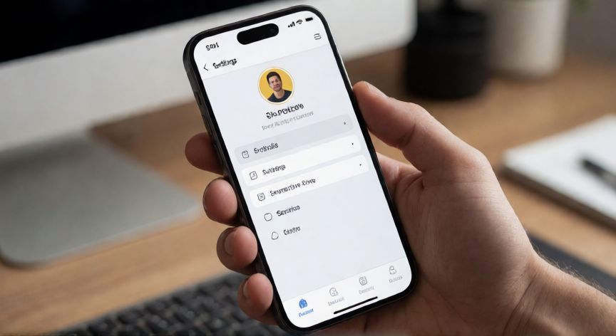 Mano sosteniendo un teléfono móvil con la aplicación YAPE abierta en la sección de perfil