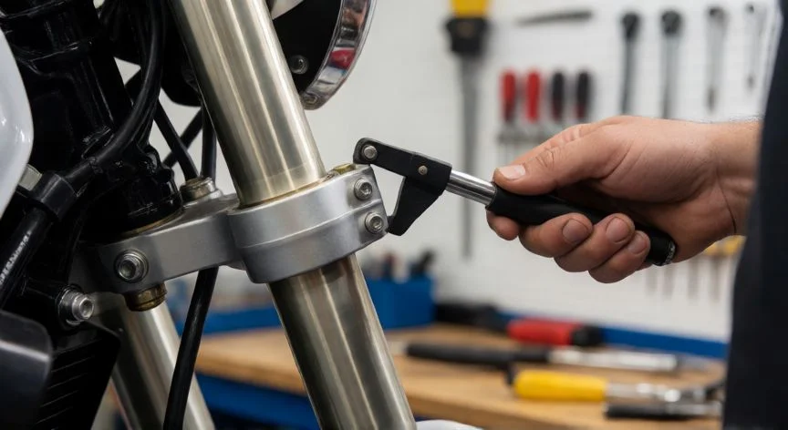 Mecánico utilizando un extractor para retirar las terminales del yugo superior de una moto