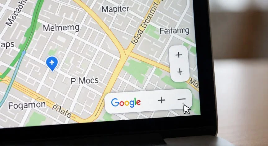 Pantalla de portátil mostrando Google Maps con controles de zoom
