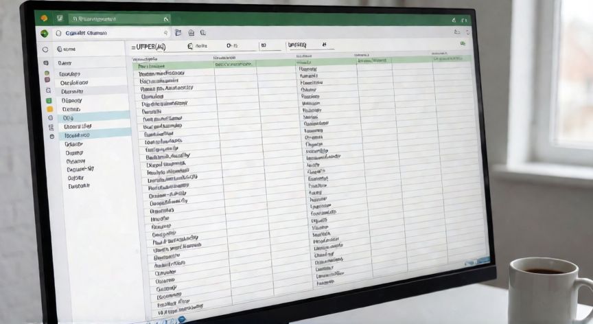 como cambiar en excel a mayusculas, Hojilla de Excel mostrando la función MAYUSC para convertir texto a mayúsculas