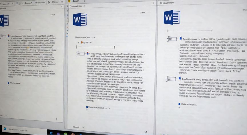 como cambiar en word la orientacion de una sola pagina, Documento de Word mostrando una página en horizontal entre páginas verticales con marcas de salto de sección