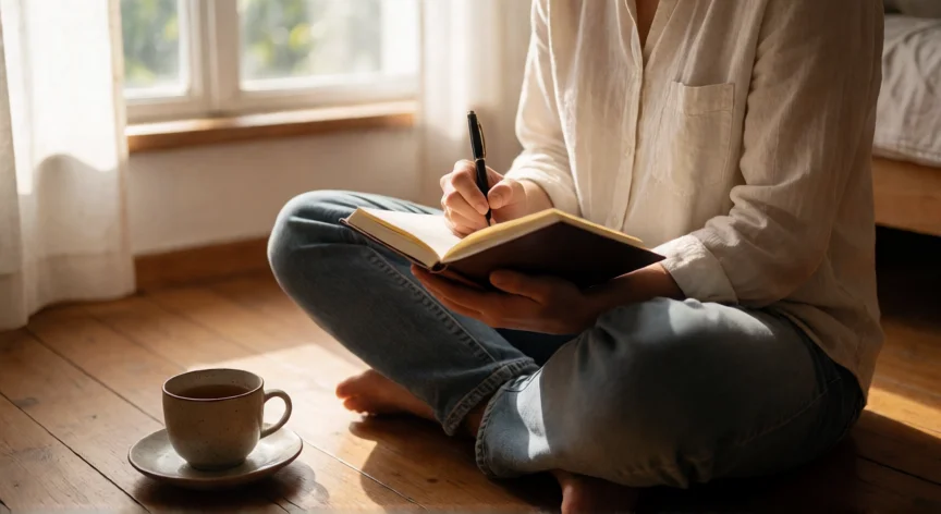 como cambiar y ser mejor persona, Persona reflexionando y escribiendo en un diario con luz natural de la mañana
