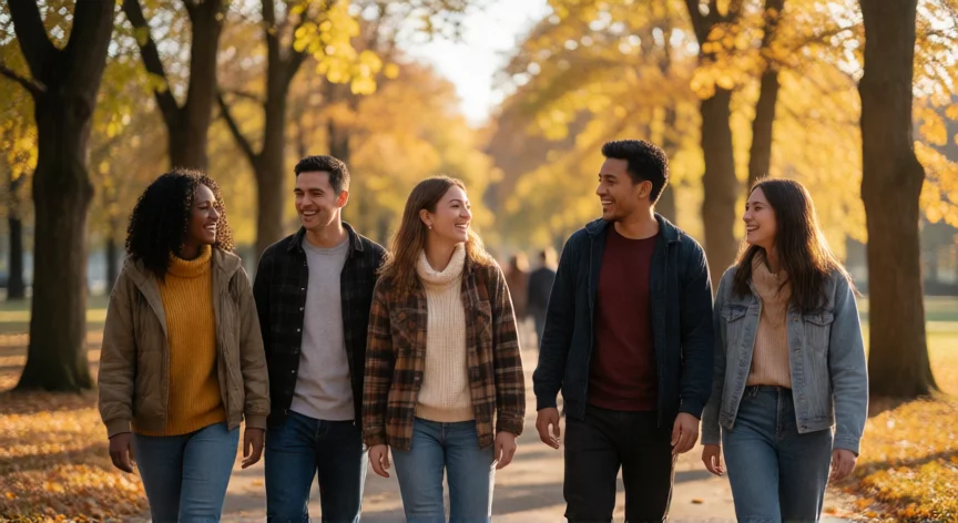 como cambiar y ser mejor persona, Grupo de amigos caminando y conversando juntos en un parque al atardecer