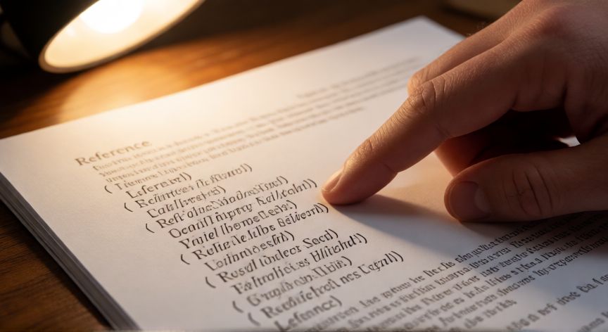 como citar en apa powerpoint, Mano señalando una entrada en la lista de referencias APA impresa