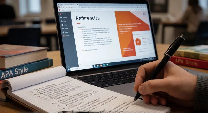 como citar en powerpoint apa 7, Estudiante redactando lista de referencias APA junto a una presentación de PowerPoint