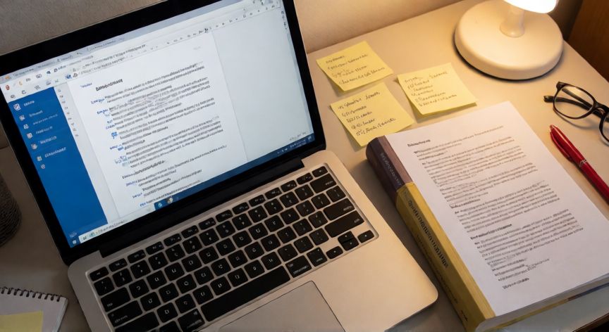 como citar en word, Escritorio de estudiante con documento Word mostrando notas al pie y bibliografía, libros y apuntes de referencias
