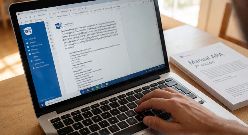 como citar en word apa, Persona escribiendo en Word con una cita APA visible en pantalla y el manual APA 7 junto al portátil