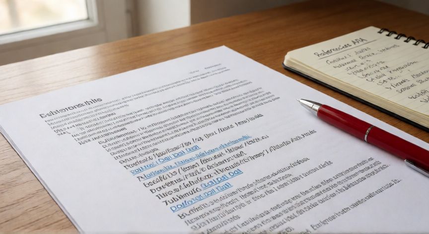 como citar en word apa, Documento impreso con sección de referencias bibliográficas en formato APA sobre un escritorio de madera