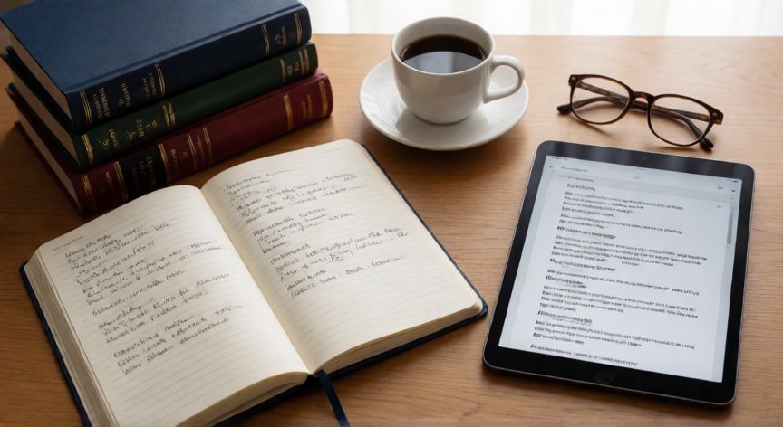 como citar en word apa 7, Mesa de estudio con apuntes, libros académicos y una pantalla mostrando la bibliografía en formato APA