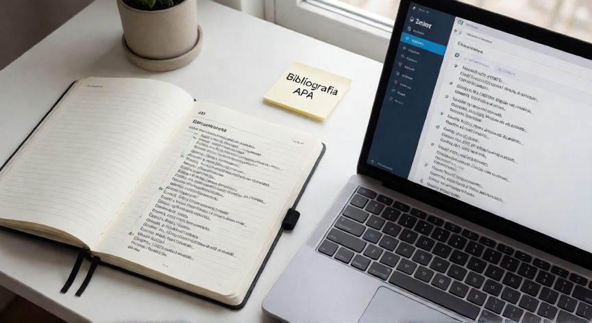 como citar en word con zotero, Mesa de trabajo con bibliografía impresa en formato APA y la aplicación Zotero en pantalla