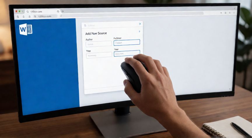 como citar en word online, Ventana de diálogo Añadir nueva fuente en Word Online con campos de autor, título y año