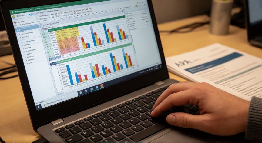 como citar excel en apa 7, Persona escribiendo en un portátil con una hoja de cálculo de Excel visible en pantalla junto a una guía de estilo APA