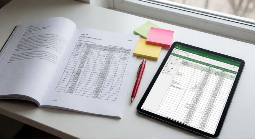 como citar excel en apa 7, Vista cenital de un documento académico con tabla impresa junto a una tableta mostrando la misma hoja de cálculo en Excel