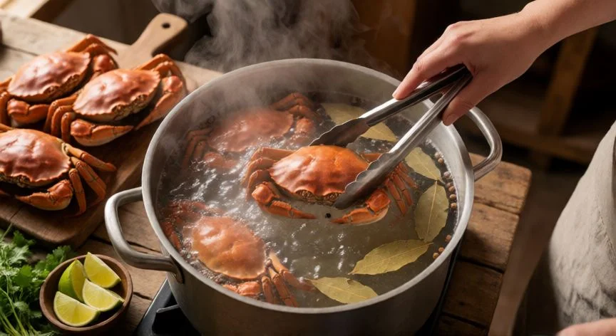 como cocer jaibas, Jaibas cocinándose en una olla de agua hirviendo con hierbas aromáticas