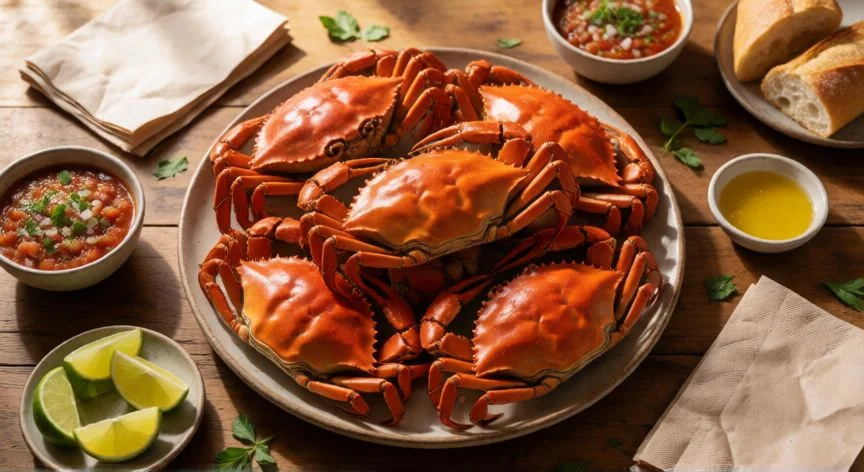 como cocer jaibas, Plato de jaibas cocidas servidas con salsas criollas y limones sobre mesa rústica