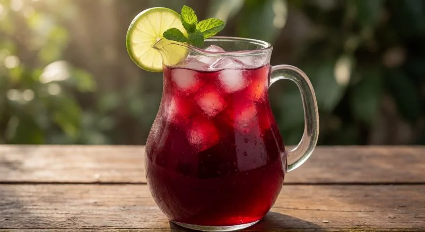 como cocer jamaica, Jarra de agua de jamaica fría con hielo, limón y menta sobre mesa de madera