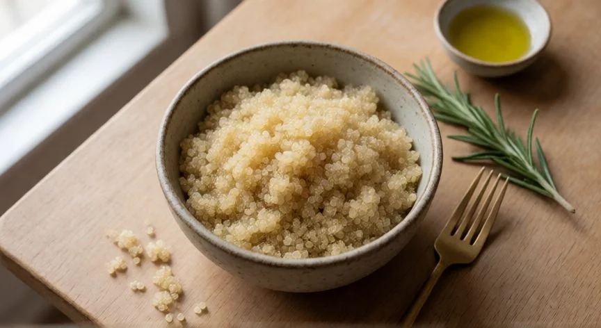 como cocer quinoa, Bol de cerámica con quinoa cocida esponjosa sobre mesa de madera con romero y aceite de oliva