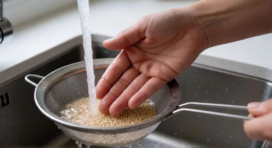 como cocer quinoa, Manos enjuagando quinoa en cruda bajo el grifo en un colador de malla fina en la cocina