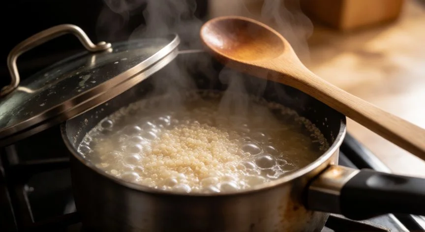 Quinoa blanca cociendo en una olla a fuego lento con vapor saliendo