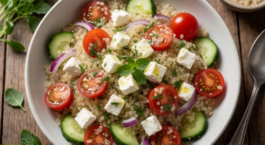 como cocer quinoa blanca, Ensalada de quinoa blanca con verduras frescas y feta en un bol de madera