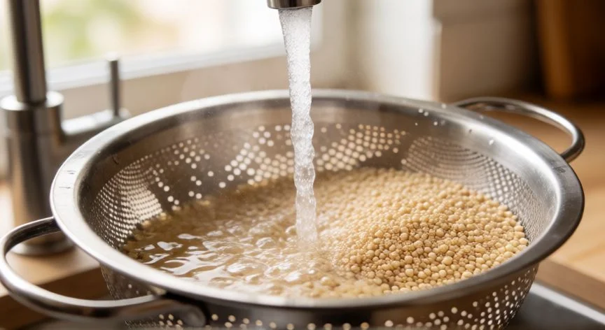 como cocer quinoa correctamente, Quinoa enjuagándose bajo el grifo en un colador de cocina