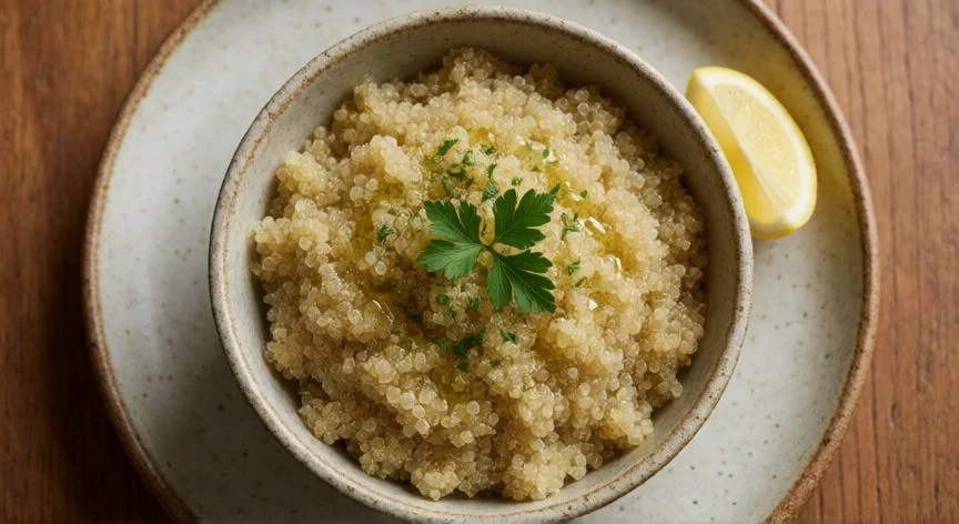 como cocer quinoa correctamente, Plato de quinoa cocida esponjosa con perejil y limón