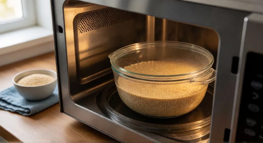 como cocer quinoa en el microondas, Bol de cristal con quinoa y agua dentro del microondas listo para cocer