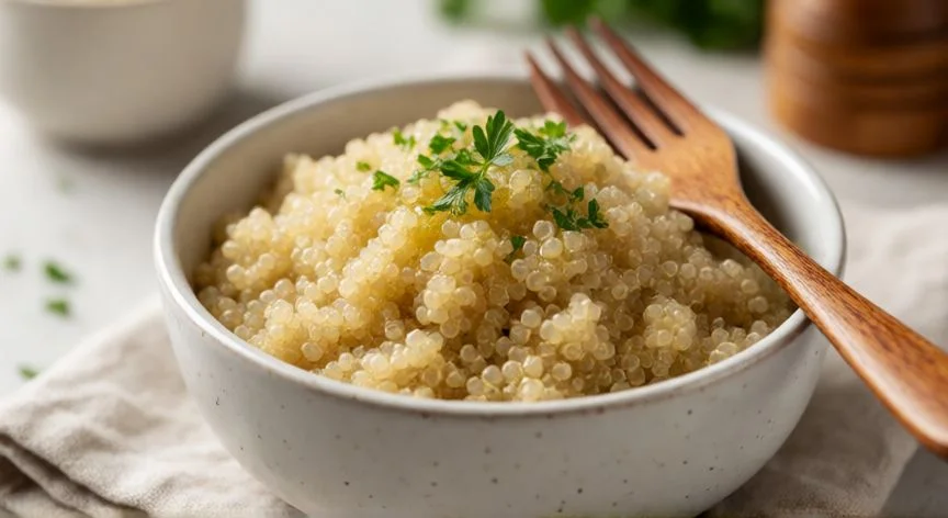 como cocer quinoa en el microondas, Quinoa cocida en microondas servida en un bol con perejil fresco y aceite de oliva