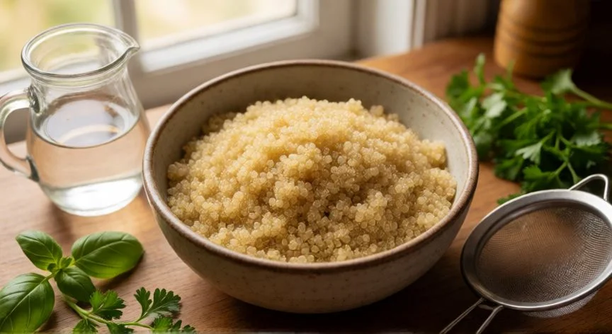 como cocer quinoa para ensalada, Bol de quinoa cocida con colador y agua sobre mesa de madera