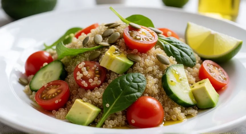 como cocer quinoa para ensalada, Ensalada de quinoa con tomate cherry, aguacate, pepino y espinacas