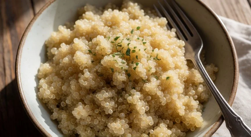 como cocer quinoa real, Bol de quinoa cocida con granos sueltos y anillo blanco característico