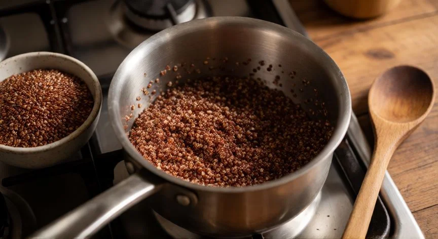 Quinoa roja cociendo en una olla con el anillo característico visible en los granos
